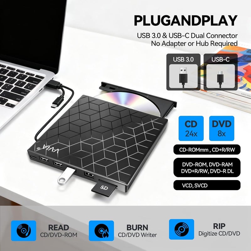VVA External CD DVD Drive, Ultra Slim CD Burner USB 3.0 with 4 USB Ports and 2 TF/SD Card Slots, Optical Disk Drive for Laptop Mac, PC Windows 11/10/8/7 Linux OS MacBook Pro/Air Desktop PC Player - Image 3